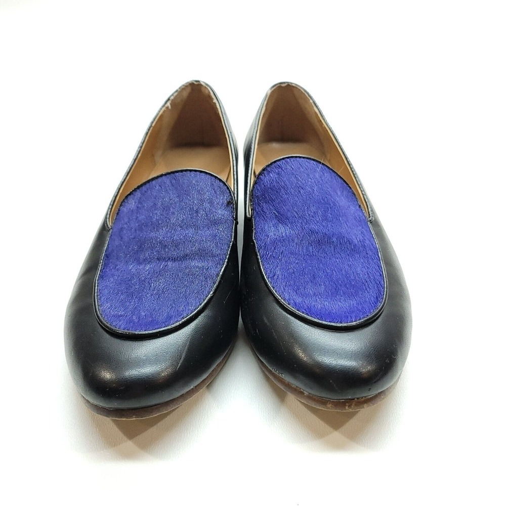 J Crew Flats Women 6 Blue‎ Black Leather Fur Loafers Career Preppy